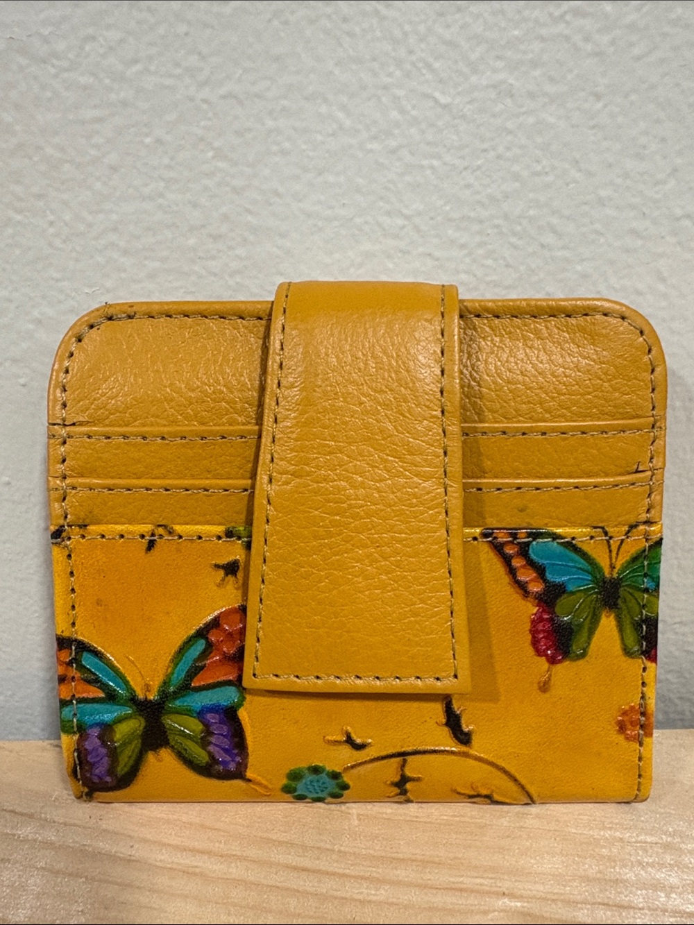 Butterfly Print Yellow Leather Card Holder